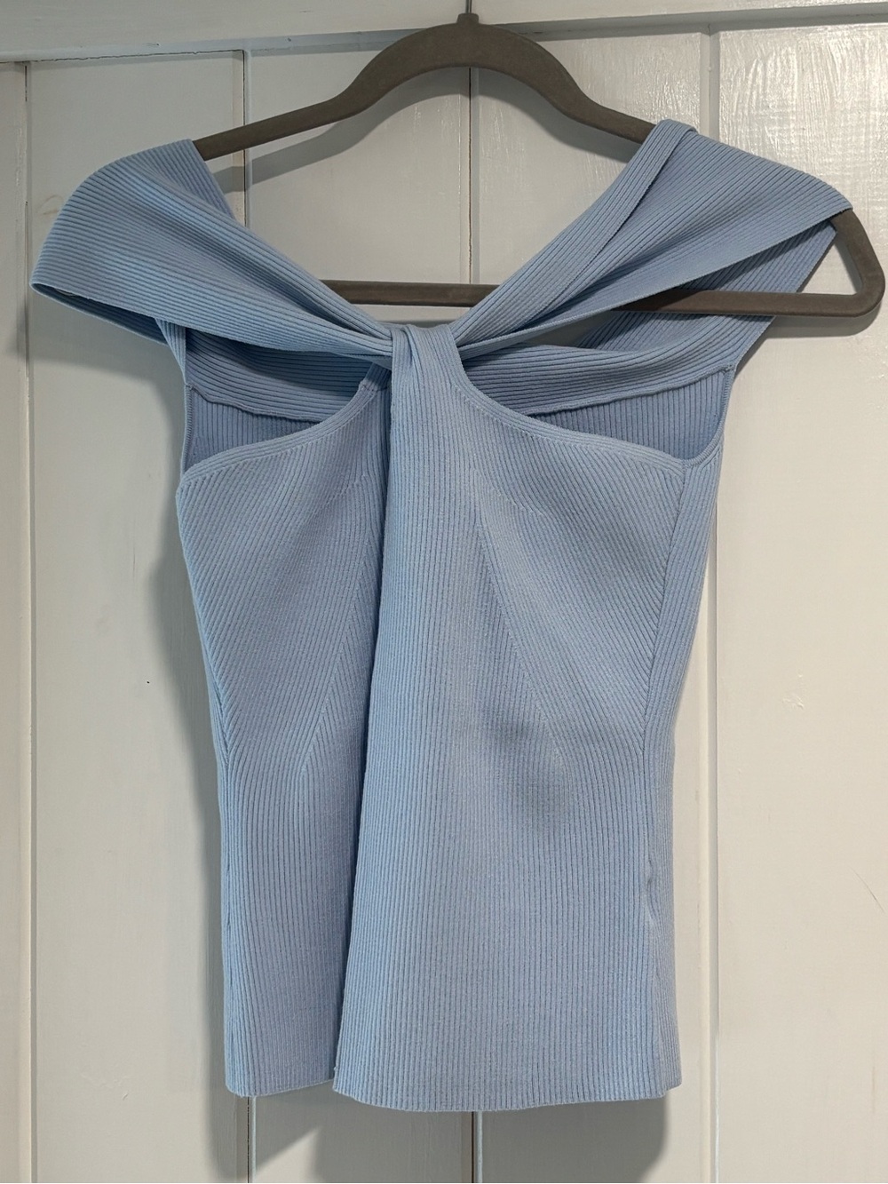Bailey 44 Light Blue Twist-Front Ribbed Off Shoulder Top